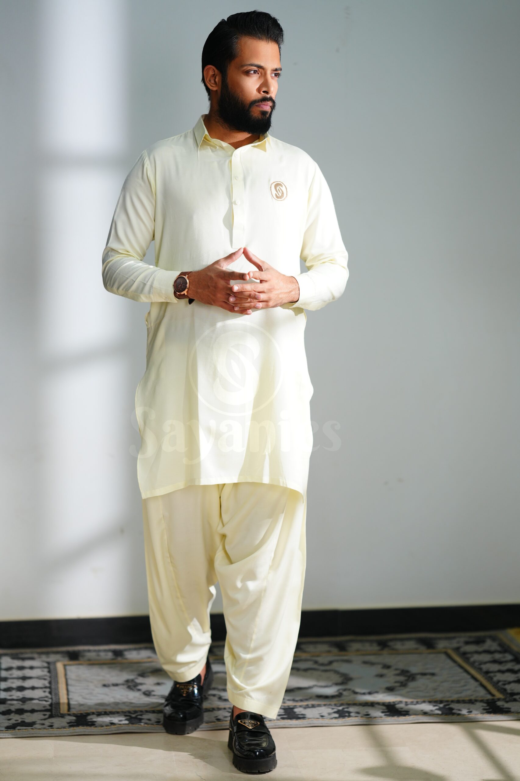 Men's Cream Unstitched Kurta Shalwar